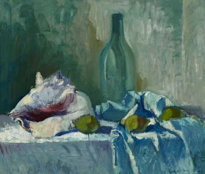 Stillleben mit Muschel und Flasche