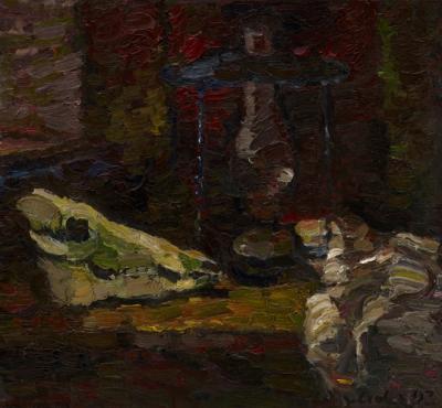 Stillleben mit Petroleumlampe und Sch�del